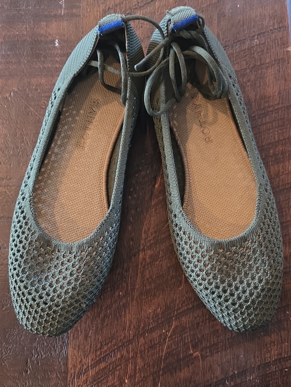 Rothy's Ankle Tie Flats Olive Green Knit Pointed Toe Women's Size 10